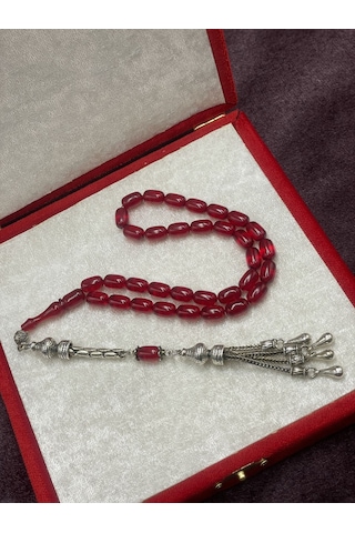 Alpaka Püsküllü Kapsül Kesim Kırmızı Ateş Kehribar Tesbih 7x11 Mm