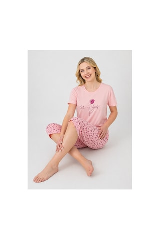 Pijamask Kadın Pembe Gül Baskılı Kısa Kollu Çiçek Desenli Kapri Pijama Takımı P100-839 Pembe
