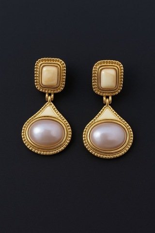 Vintage İncili Pirinç Kaplama Küpe Çok Renkli