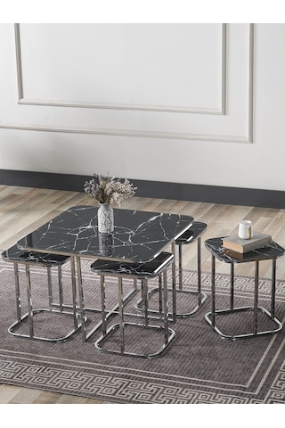 Pelikan 4+1 Siyah Mermer Temperli Cam Gümüş Metal Ayak Takım Sehpa Sedaş Living Units Sehpa