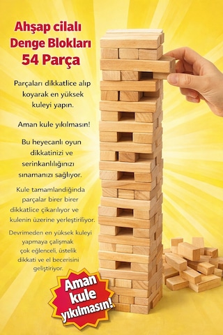 Ahşap Cilalı Denge Blokları 54 Parça Eğitici Ve Eğlenceli Çocuk Oyunu