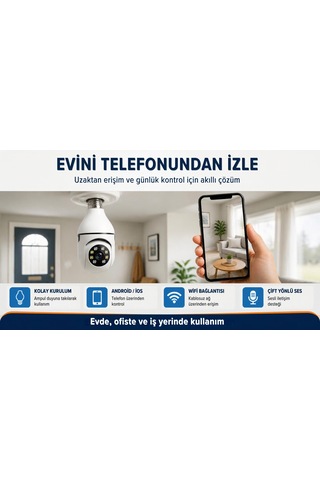 Blue Inter Ampul Tipi Wifi Güvenlik Kamerası E27 Duylu Döner Başlıklı Akıllı Kamera Uzaktan Canlı İzleme Telefon Kontrollü Gece Görüşlü