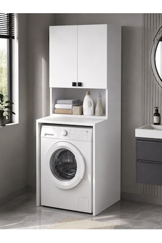 Susa Çamaşır Makinesi Üst Dolabı Çok Amaçlı Banyo Ve Çamaşır Odası Düzenleyici Raflı Kapaklı Depolama Dolabı Beyaz