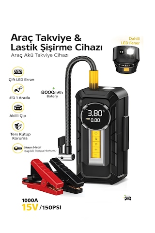 8000mah 1000a Akü Takviyeli Kompresör 150 Psı Çift Dijital Ekran Led Fenerli Hava Pompası Siyah - Abs+