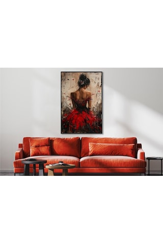 Yağlı Boya Dokulu Tablo Modern Kırmızı Elbiseli Sırtı Dönük Kadın Siyah Çerçeveli U05009-178961