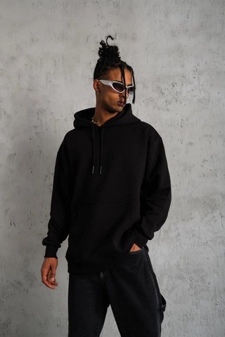 Barlashive Erkek 3 İplik Pamuklu Kapüşonlu Cepli Düz Oversize Hoodie Sweatshirt - Siyah Çok Renkli