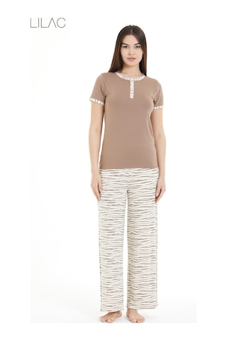 Lılac Kadın Zebra Desenli Düğmeli Pijama Takımı Kahverengi Kahverengi