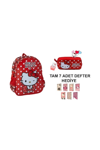 Kırmızı Anaokulu Kız Çocuk Sırt Çantası Ve Kalem Kutusu 7 Adet Defter Hediye Çok Renkli