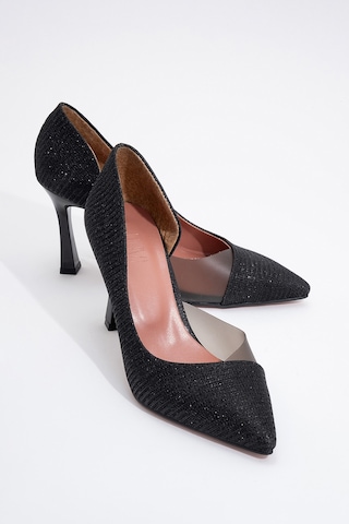Luvishoes 653 Siyah Simli Topuklu Kadın Ayakkabı Siyah