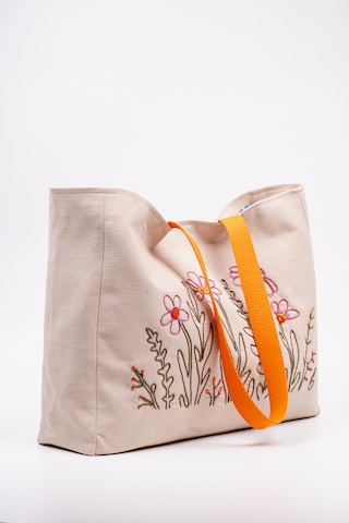 Fabric Craft Bag Omuz Çanta Nakışlı Keten Karışımlı Kumaş Tote Çanta Kahverengi - Turuncu