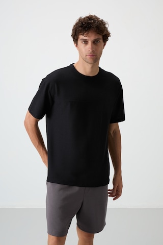Air Jones Tommy Life Siyah Waffle İnterlok Yüzeyi Dokulu Oversize Fit Basic Erkek T-shirt - 88380 Siyah