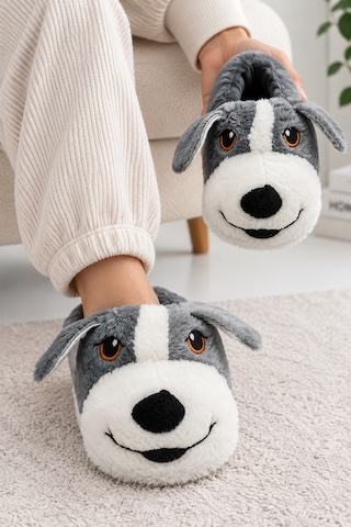 Modafocus Sevimli Köpek Figürlü Sessiz Kaydırmaz Taban Peluş Unisex Ev Pandufu Sevgili Kombin Terliği Füme