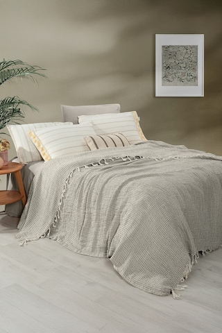 Sarev Naya Bej %100 Pamuk Keten Çift Kişilik Yıkamalı Yatak Örtüsü Bej