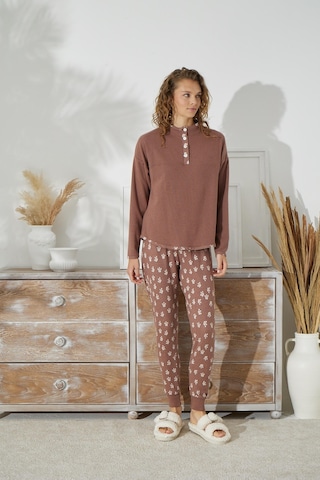 Sevim Kadın Uzun Kol Jakarlı Kalın Kahve Pijama Takımı C1t5n1o94 001