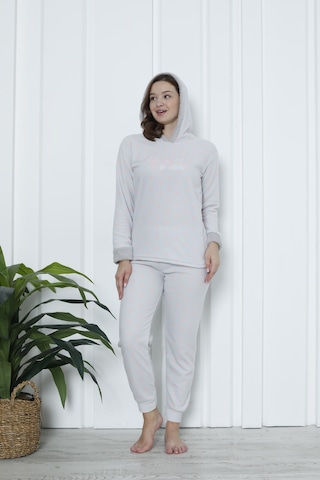 Wordex Fawn 3903 Peluş Welsoft Polar Kışlık Kapşonlu Kadın Pijama Takımı Açık Gri