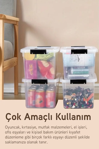İronika 3'lü Saklama Kabı Yatay Dikdörtgen Kilitli Kapaklı Çok Amaçlı Oyuncak Saklama Kutusu 5-7,5-10 Litre Şeffaf