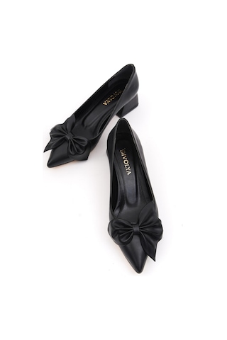 Camila Siyah Fiyonklu 4cm Sivri Burun Topuklu Ayakkabı Siyah Cilt