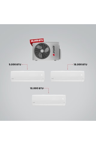 Arçelik 1+3 Multi Sistem 36100 MD Pro Dış Ünite 9 BTU Beyaz + 2 Adet 18 BTU Beyaz İç Üniteler Duvar Tipi Klima