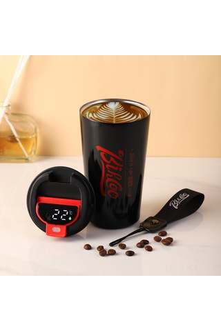 Mufunye Sıcaklık Ölçerli Akıllı Çelik Termos Bardak - Ev Ofis Araç Kullanıma Uygun 510ml Siyah Siyah