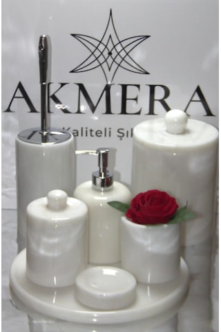 Akmera Home Mermer Kulplu 7 Parça Şık Banyo Seti Özel Tasarım Beyaz