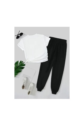 Medinenur Süslü Peluş Ayıcık Baskılı T-shirt Eşofman Altı Jogger Rahat Kalıp Siyah Eşofman Takım Beyaz
