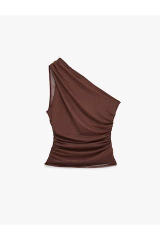 Koton Slim Fit Drapeli Tül Tek Omuz Bluz Kahverengi 6sak70052ek Kahve