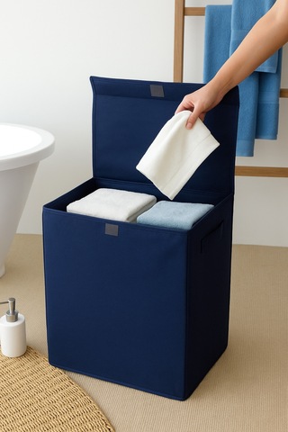 Serstil Kapaklı Çamaşır / Kirli Sepeti, Katlanabilir, Tutma Saplı - Banyo Ve Çamaşır Odası İçin İdeal Lacivert