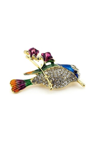 Solfera Gül Dalındaki Bülbül Renkli Kuş Zirkon Taşlı Yaka İğnesi Broş Rz194