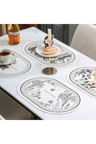 Siyah Beyaz Desen Oval Deri Masa Kase Mat Bardak Altlığı 001 Beyaz