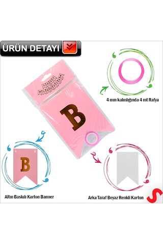Baby Shower Altın Baskılı Bayrak Flama, 2 Mt - Pembe Diğer