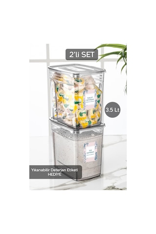Meleni Home 2 Adet 3,5 Litre Lena Pratik Kapaklı Banyo Düzenleyici Saklama Kabı Etiketli Tablet Deterjan Kutusu