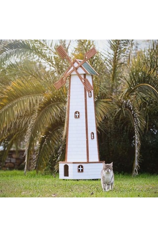 Mandu Yel Değirmenli Ahşap Kedi Evi 80 x 80 x 207 CM