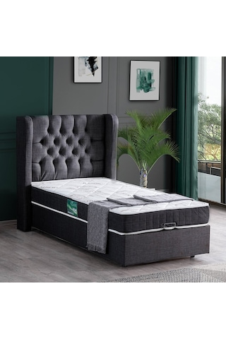 Setaymobilya Baza, Riga Tek Kişilik Baza + Başlık + Comfort Yatak, Antrasit