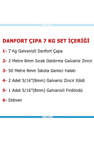 Tekne Ve Şişme Bot İçin Hazır Çapa Seti Danfort Çapalı 7 Kg Set