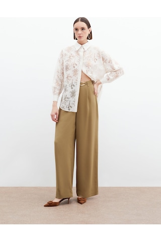 Sateen Kendinden Desenli Salaş Gömlek - Krem-136059 Krem