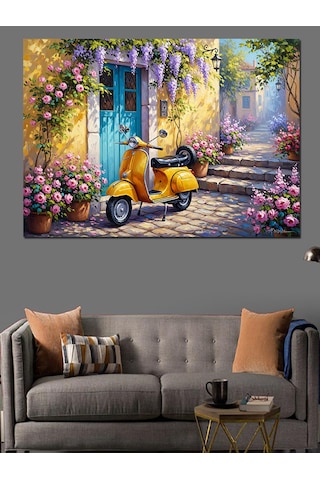 Ahşap Tablo Çiçekli Sokakta Sarı Scooter Tablo