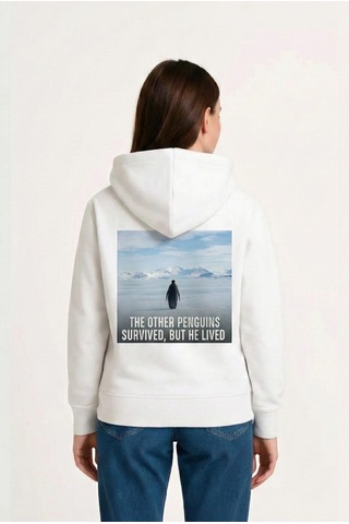 Primemagazam Kadın 3 İplik Pamuklu Kapüşonlu Hoodie Sweatshirt Survivor Penguen Baskılı - Beyaz Çeşitli