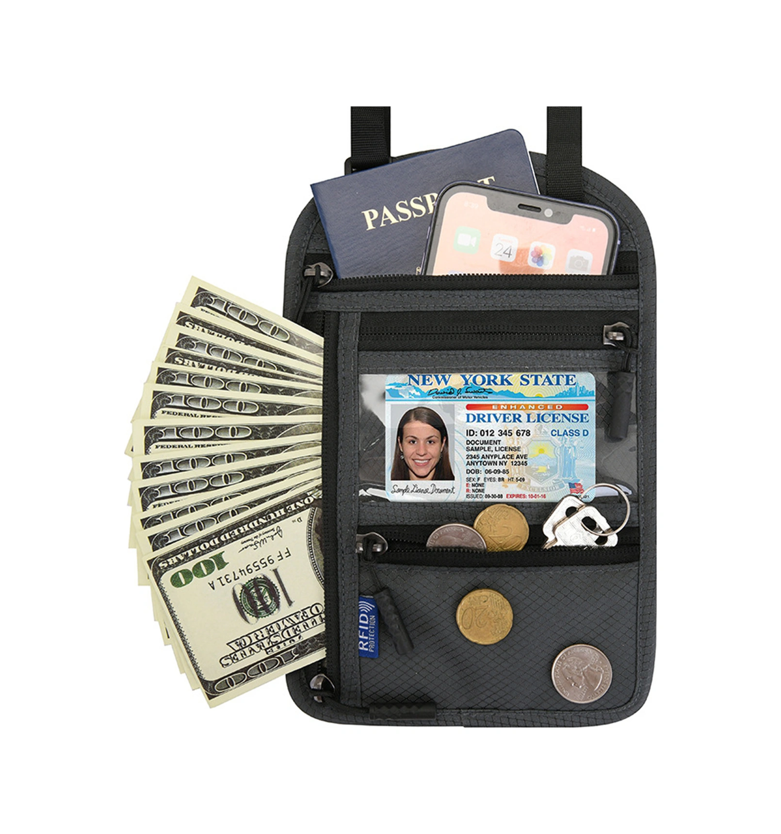 Yifomall Yolculuk Rfıd Koruma Nylon Askılı Cüzdan - Pasaport, Bilet Ve Belgeler İçin Ultra Hafif Gizli Saklama Çantası Göl Mavisi