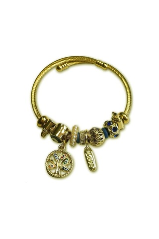 Uzel Çelik Sarı Gold Model Love Yazılı, Incili, Hayat Ağacı Charmlı Çelik Bileklik