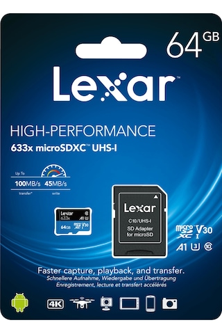 Lexar High Performance 633X 64 GB MicroSDXC Class 10 V30 UHS-I Hafıza Kartı + Adaptör
