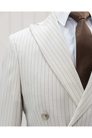 Beystil Sivri Yaka Bej Çizgili Kruvaze Takım Elbise Lecce - Slim Fit Bej
