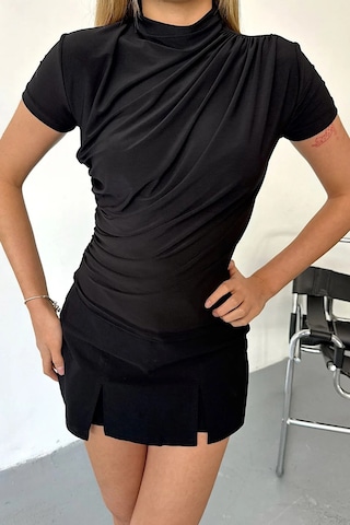 Giysa Kadın Dik Yaka Büzgü Detaylı Bluz Siyah - 25y 2417 Siyah