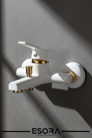 Beyaz Gold Banyo Duş Bataryası Çift Su Girişli Yerli Üretim Altın - Beyaz
