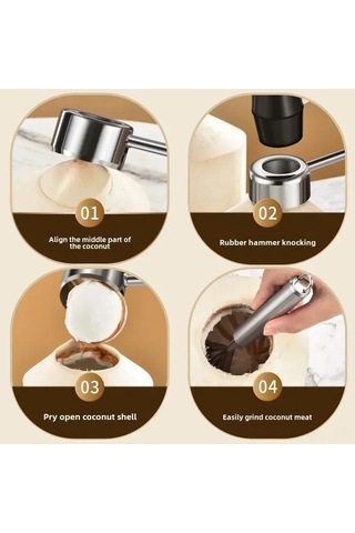Dofolink Stainless Steel Mutfak Aleti Seti: Hindistan Cevizi Açıcı, Hindistan Cevizi Etini Kazıyan Ve Kabuğu Kırıcı Lastik Çekiç Başlı Araçlar
