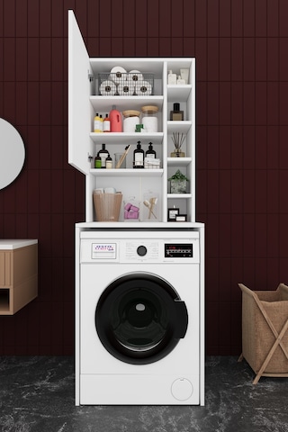 Asra Trend Çamaşır Makinesi Üstü Banyo Dolabı BD-02 %100 MDF Kapaklı Organizer Raf Beyaz