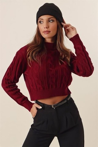 Yarım Balıkçı Yaka Saç Örgülü Kısa Crop Bordo Kazak Bordo