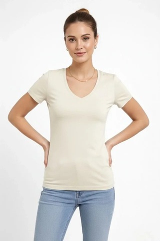 Butik İstanbul T-shirt V Yaka Slim Fit Likralı Tişört Günlük Basic Body - Taş