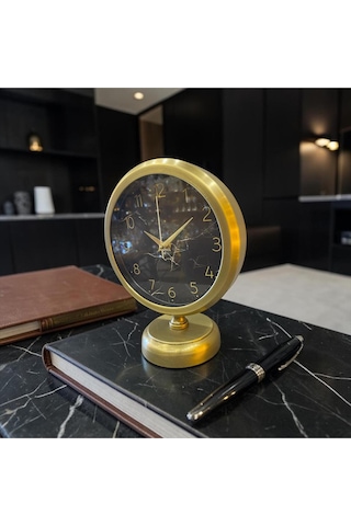 Prestige Gold Modern Masa Saati Altın Çerçeveli Minimal Lüks Ofis & Ev Dekoratif Saat Ekru