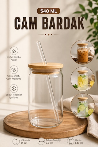 Pipetli Cam Bardak Bambu Kapaklı Soğuk Kahve, Bubble Tea, Limonata, Smoothie Ve Soda Bardağı 540 Ml Şeffaf
