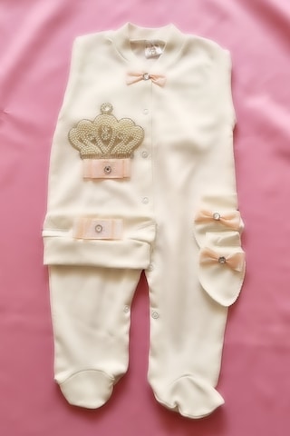 Kurdele Detaylı Taş Işlemeli Beyaz 3'lü Bebek Tulum Seti-beyaz Beyaz